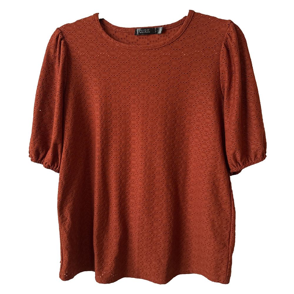 Cure Women’s S‎ Boho Chic Eyelet Short Puff Sleeve Relaxed Top Rust Fall Office